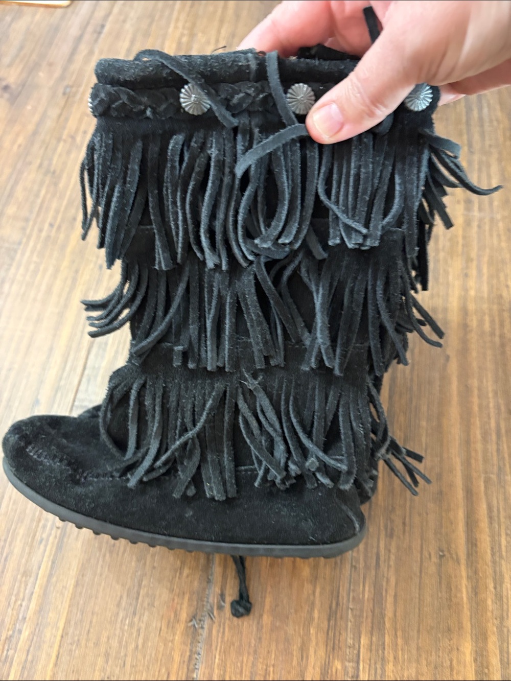 Minnetonka Black Suede Fringe Kids Boot with Concho Detail